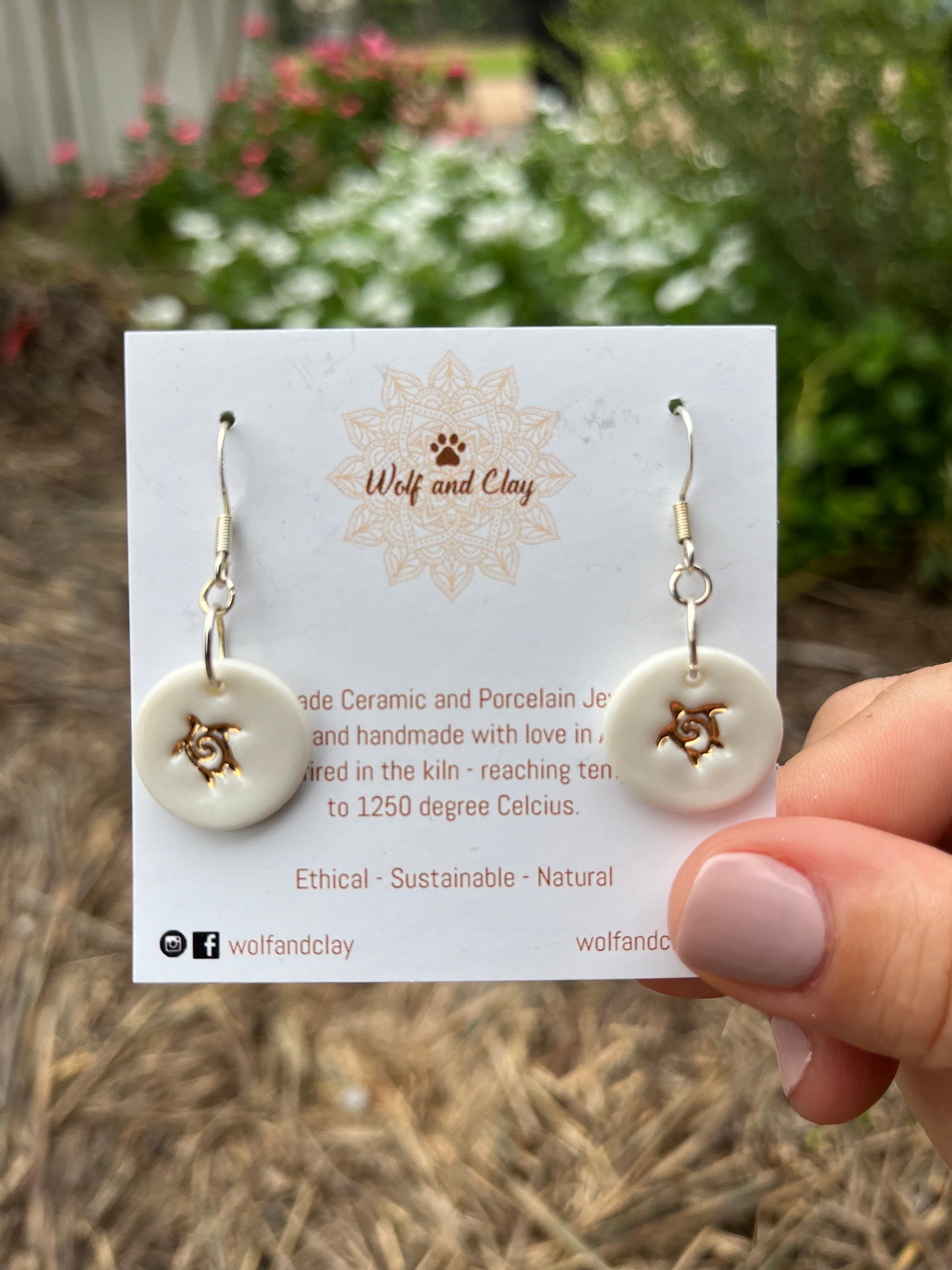 White & Gold Turtles - Porcelain Dangle Earrings