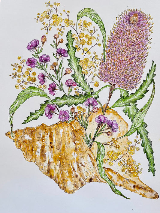 Purple Banksia Wildflowers Mermaid Vase Art Print